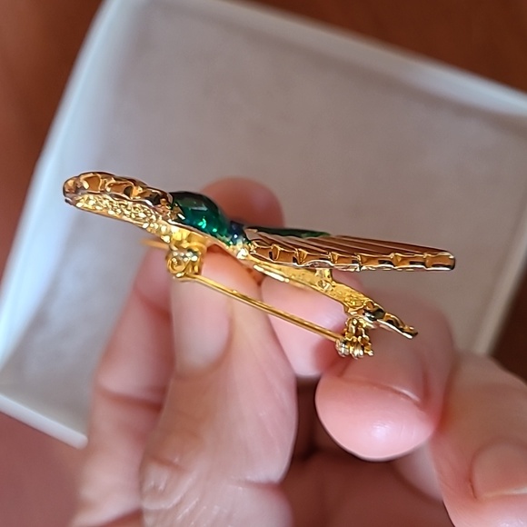 Hummingbird Brooch Green & Blue Enamel & Crystal Rhinestones Bird of Paradise 2" - Picture 8 of 8